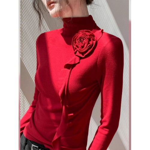 今年流行設計感純欲別致絕美上衣聖誕紅色高領玫瑰飄帶內搭T恤冬 今年流行設計感純欲別致絕美上衣聖誕紅色高領玫瑰飄帶內搭T恤冬