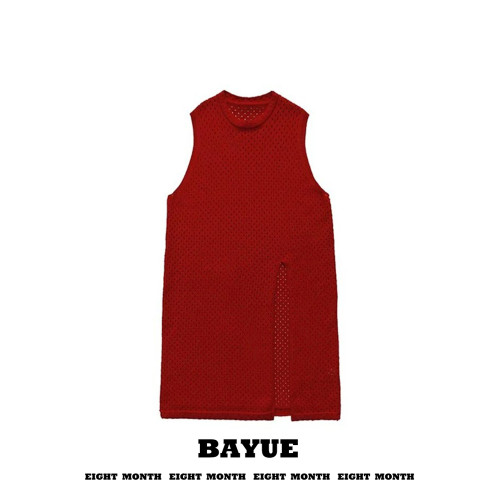 聖誕紅色鏤空馬甲背心裙秋冬文藝內搭曡穿寬松無袖長款開叉連衣裙