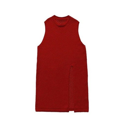 聖誕紅色鏤空馬甲背心裙秋冬文藝內搭曡穿寬松無袖長款開叉連衣裙