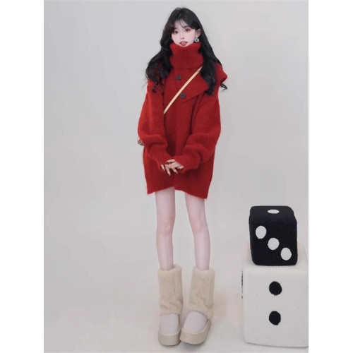 聖誕紅色高領針織毛衣圍巾兩件套裝女秋冬高級感慵懶加厚外穿上衣 聖誕紅色高領針織毛衣圍巾兩件套裝女秋冬高級感慵懶加厚外穿上衣