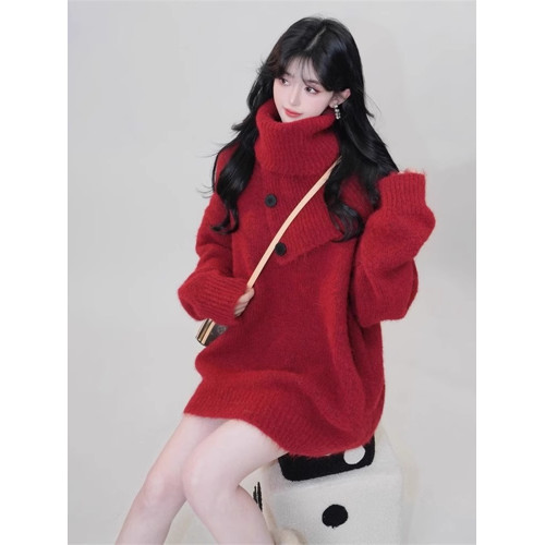 聖誕紅色高領針織毛衣圍巾兩件套裝女秋冬高級感慵懶加厚外穿上衣 聖誕紅色高領針織毛衣圍巾兩件套裝女秋冬高級感慵懶加厚外穿上衣