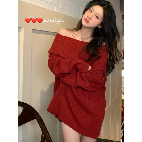聖誕紅色軟糯一字領針織連衣裙女秋冬季高級感純欲漏肩氣質毛衣裙 聖誕紅色軟糯一字領針織連衣裙女秋冬季高級感純欲漏肩氣質毛衣裙