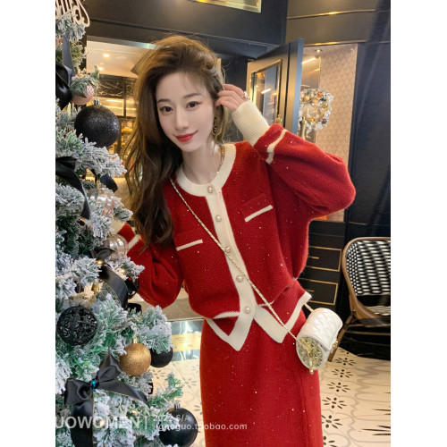 今年流行漂亮時尚減齡氣質聖誕紅色針織毛衣半身裙兩件套裝裙秋冬 今年流行漂亮時尚減齡氣質聖誕紅色針織毛衣半身裙兩件套裝裙秋冬