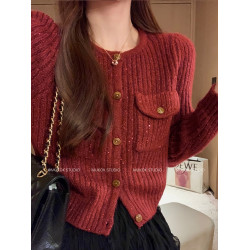 聖誕紅色毛衣外套女秋冬2025新款高級感超好看小香風針織開衫短款