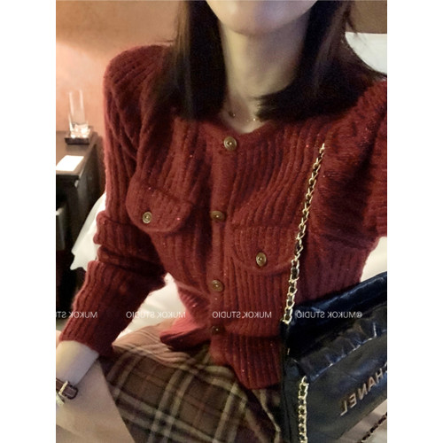 聖誕紅色毛衣外套女秋冬2025新款高級感超好看小香風針織開衫短款 聖誕紅色毛衣外套女秋冬2025新款高級感超好看小香風針織開衫短款