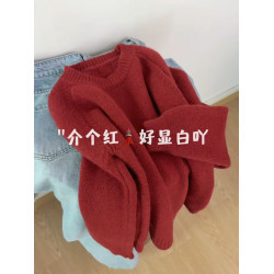 復古高級感聖誕紅色浣熊絨套頭毛衣女秋冬季慵懶風加厚新年針織衫