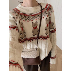 新年氛圍感聖誕紅色小熊毛衣女套頭寬松秋冬加厚慵懶針織上衣外穿