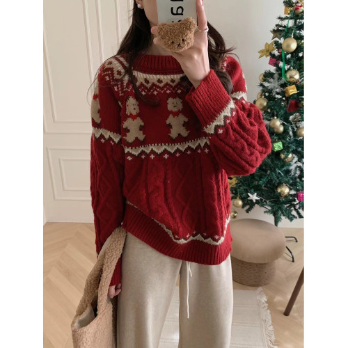 新年氛圍感聖誕紅色小熊毛衣女套頭寬松秋冬加厚慵懶針織上衣外穿 新年氛圍感聖誕紅色小熊毛衣女套頭寬松秋冬加厚慵懶針織上衣外穿