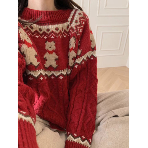 新年氛圍感聖誕紅色小熊毛衣女套頭寬松秋冬加厚慵懶針織上衣外穿 新年氛圍感聖誕紅色小熊毛衣女套頭寬松秋冬加厚慵懶針織上衣外穿