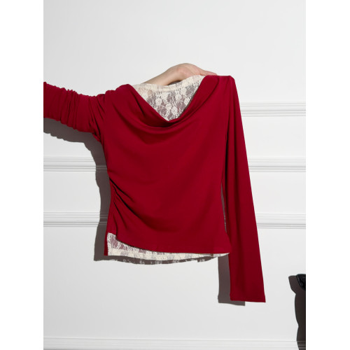 拉夏貝爾打底衫蕩領一字肩長袖T恤女秋蕾絲內搭假兩件不規則上衣