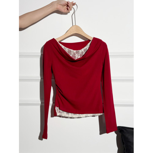 拉夏貝爾打底衫蕩領一字肩長袖T恤女秋蕾絲內搭假兩件不規則上衣