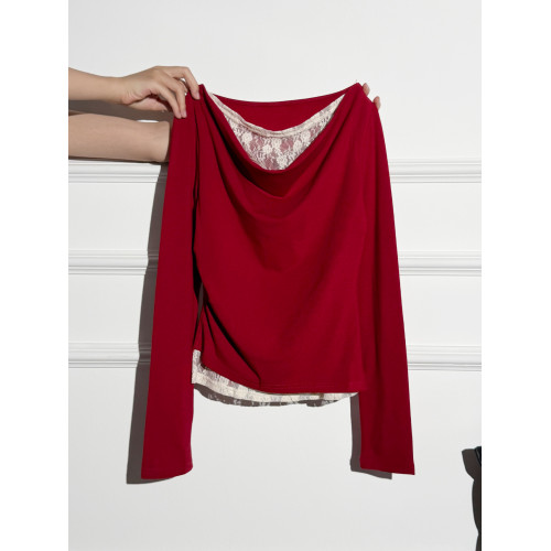 拉夏貝爾打底衫蕩領一字肩長袖T恤女秋蕾絲內搭假兩件不規則上衣