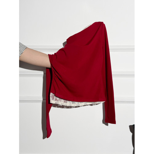 拉夏貝爾打底衫蕩領一字肩長袖T恤女秋蕾絲內搭假兩件不規則上衣