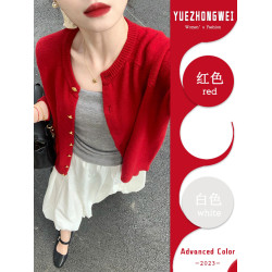 本命年2025新年聖誕紅色小香風毛衣外套女冬季小個子短款針織開衫