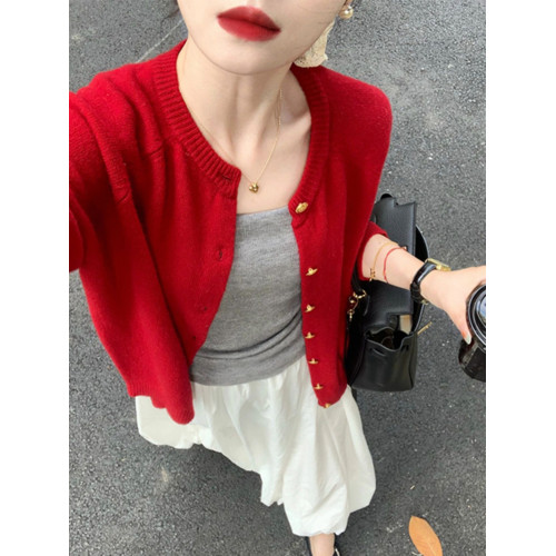本命年2025新年聖誕紅色小香風毛衣外套女冬季小個子短款針織開衫 本命年2025新年聖誕紅色小香風毛衣外套女冬季小個子短款針織開衫
