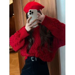 聖誕紅色麻花套頭毛衣女秋冬慵懶風高級感寬松軟糯加厚針織衫上衣