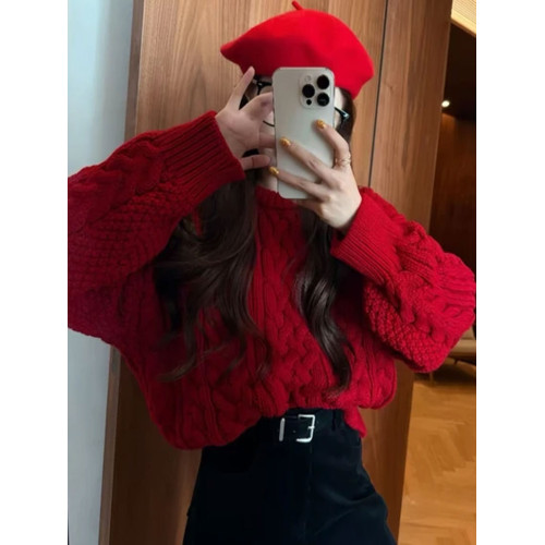 聖誕紅色麻花套頭毛衣女秋冬慵懶風高級感寬松軟糯加厚針織衫上衣