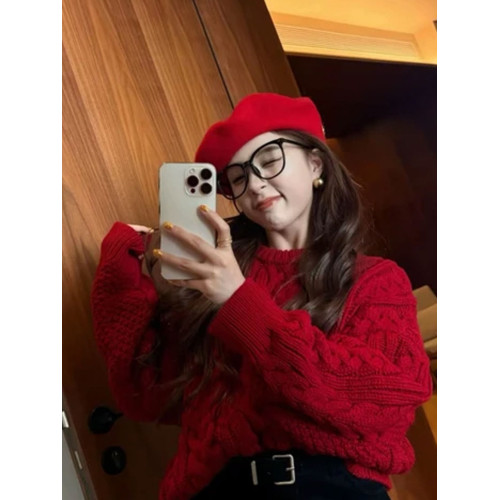 聖誕紅色麻花套頭毛衣女秋冬慵懶風高級感寬松軟糯加厚針織衫上衣