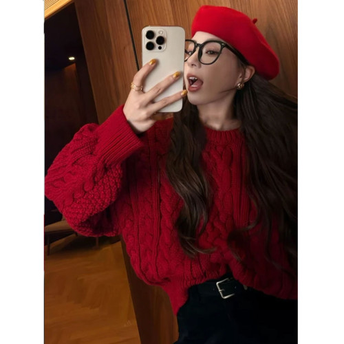 聖誕紅色麻花套頭毛衣女秋冬慵懶風高級感寬松軟糯加厚針織衫上衣