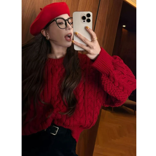 聖誕紅色麻花套頭毛衣女秋冬慵懶風高級感寬松軟糯加厚針織衫上衣