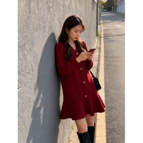 紅色V領針織連衣裙秋冬配靴子可外穿長袖小紅裙直筒荷葉邊毛衣裙