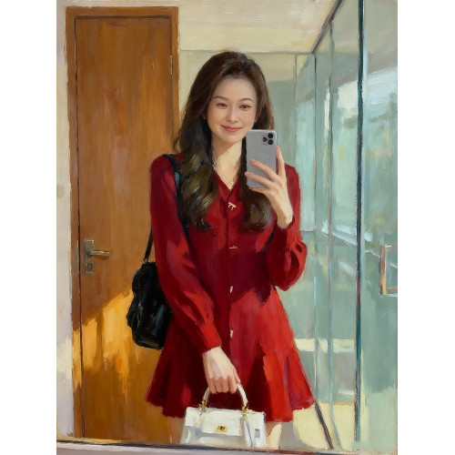 紅色V領針織連衣裙秋冬配靴子可外穿長袖小紅裙直筒荷葉邊毛衣裙