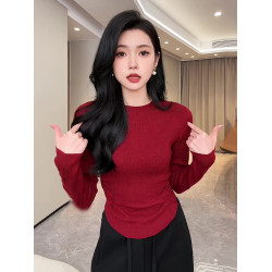 高級感聖誕紅針織衫女長袖內搭打底毛衣2025冬季新款修身圓領上衣