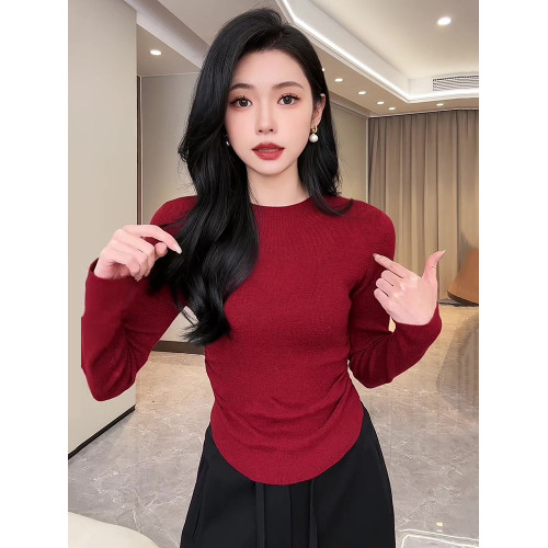 高級感聖誕紅針織衫女長袖內搭打底毛衣2025冬季新款修身圓領上衣