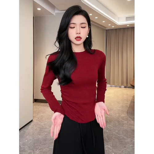 高級感聖誕紅針織衫女長袖內搭打底毛衣2025冬季新款修身圓領上衣