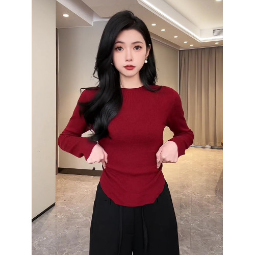高級感聖誕紅針織衫女長袖內搭打底毛衣2025冬季新款修身圓領上衣