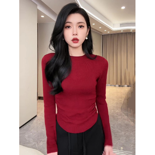 高級感聖誕紅針織衫女長袖內搭打底毛衣2025冬季新款修身圓領上衣