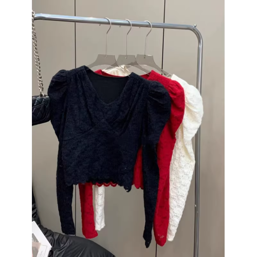 聖誕紅色v領加絨加厚蕾絲衫女秋冬季新款法式氣質修身泡泡袖上衣 聖誕紅色v領加絨加厚蕾絲衫女秋冬季新款法式氣質修身泡泡袖上衣