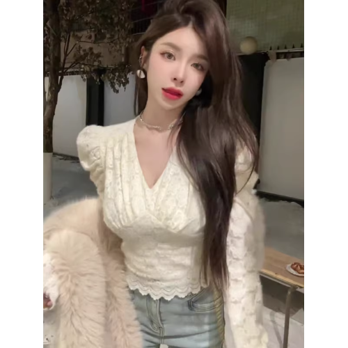 聖誕紅色v領加絨加厚蕾絲衫女秋冬季新款法式氣質修身泡泡袖上衣 聖誕紅色v領加絨加厚蕾絲衫女秋冬季新款法式氣質修身泡泡袖上衣