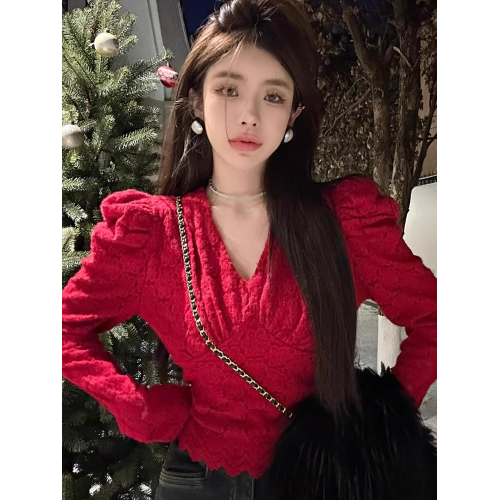 聖誕紅色v領加絨加厚蕾絲衫女秋冬季新款法式氣質修身泡泡袖上衣 聖誕紅色v領加絨加厚蕾絲衫女秋冬季新款法式氣質修身泡泡袖上衣