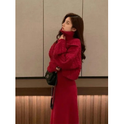 2025新款新年戰袍聖誕紅色針織連衣裙女秋冬高領毛衣套裝裙兩件套