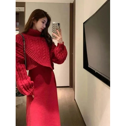 2025新款新年戰袍聖誕紅色針織連衣裙女秋冬高領毛衣套裝裙兩件套 2025新款新年戰袍聖誕紅色針織連衣裙女秋冬高領毛衣套裝裙兩件套