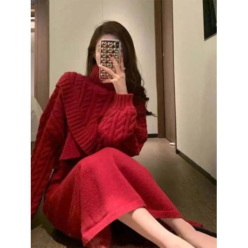 2025新款新年戰袍聖誕紅色針織連衣裙女秋冬高領毛衣套裝裙兩件套 2025新款新年戰袍聖誕紅色針織連衣裙女秋冬高領毛衣套裝裙兩件套