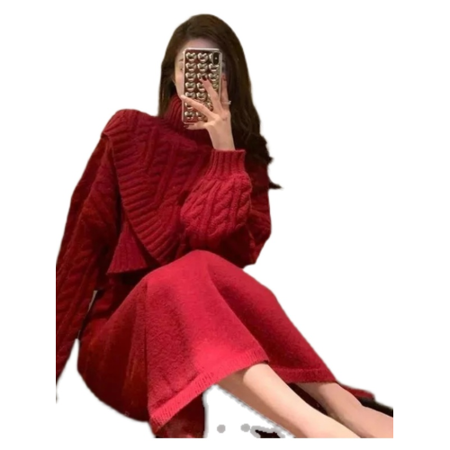 2025新款新年戰袍聖誕紅色針織連衣裙女秋冬高領毛衣套裝裙兩件套 2025新款新年戰袍聖誕紅色針織連衣裙女秋冬高領毛衣套裝裙兩件套