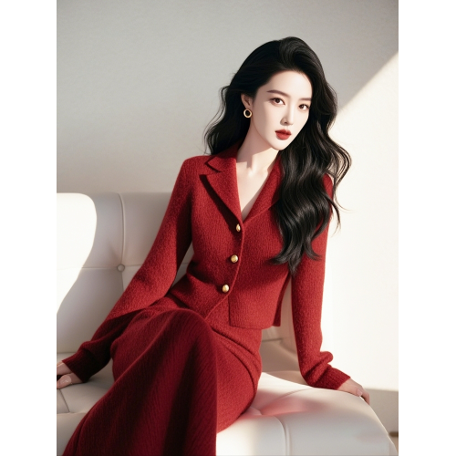 冬季穿搭一整套高級感出蓆重要場合小香風聖誕紅色針織毛衣套裝裙 冬季穿搭一整套高級感出蓆重要場合小香風聖誕紅色針織毛衣套裝裙