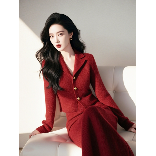 冬季穿搭一整套高級感出蓆重要場合小香風聖誕紅色針織毛衣套裝裙 冬季穿搭一整套高級感出蓆重要場合小香風聖誕紅色針織毛衣套裝裙