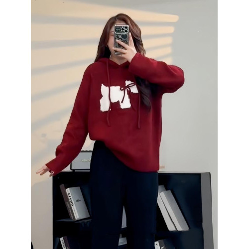 大碼聖誕紅色連帽毛衣針織衫女秋冬胖mm新年戰袍遮肚顯瘦正肩上衣