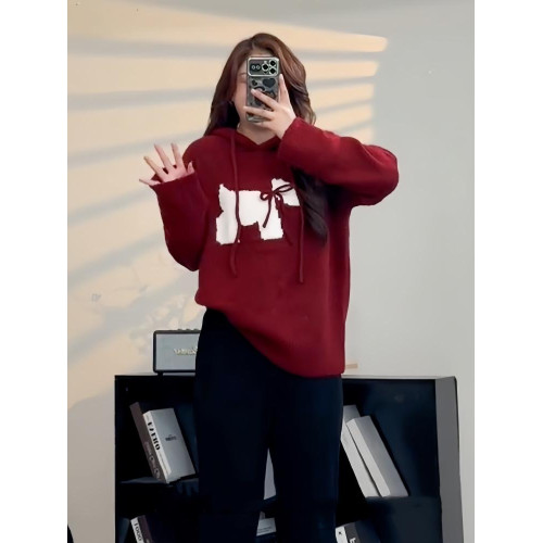 大碼聖誕紅色連帽毛衣針織衫女秋冬胖mm新年戰袍遮肚顯瘦正肩上衣