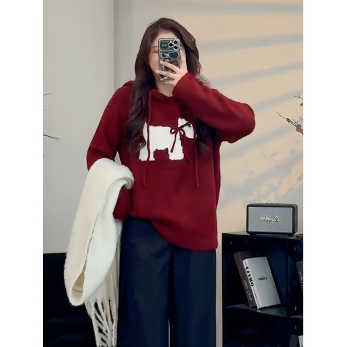 大碼聖誕紅色連帽毛衣針織衫女秋冬胖mm新年戰袍遮肚顯瘦正肩上衣