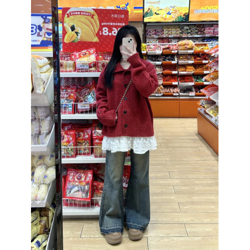 新年過年聖誕紅色針織毛衣女秋冬季2025慵懶高級感小個子外穿上衣 新年過年聖誕紅色針織毛衣女秋冬季2025慵懶高級感小個子外穿上衣