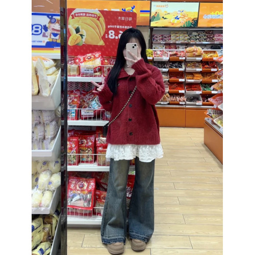 新年過年聖誕紅色針織毛衣女秋冬季2025慵懶高級感小個子外穿上衣 新年過年聖誕紅色針織毛衣女秋冬季2025慵懶高級感小個子外穿上衣