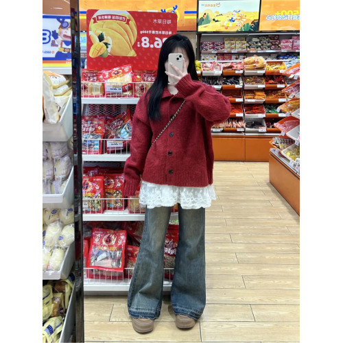 新年過年聖誕紅色針織毛衣女秋冬季2025慵懶高級感小個子外穿上衣 新年過年聖誕紅色針織毛衣女秋冬季2025慵懶高級感小個子外穿上衣