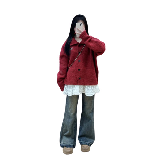 新年過年聖誕紅色針織毛衣女秋冬季2025慵懶高級感小個子外穿上衣 新年過年聖誕紅色針織毛衣女秋冬季2025慵懶高級感小個子外穿上衣