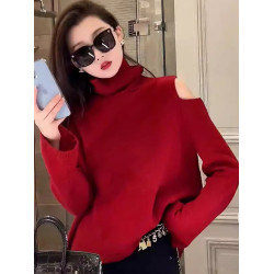 時髦氣質高級感聖誕紅羊絨衫秋冬設計感露肩顯瘦羊毛衫休閒針織衫