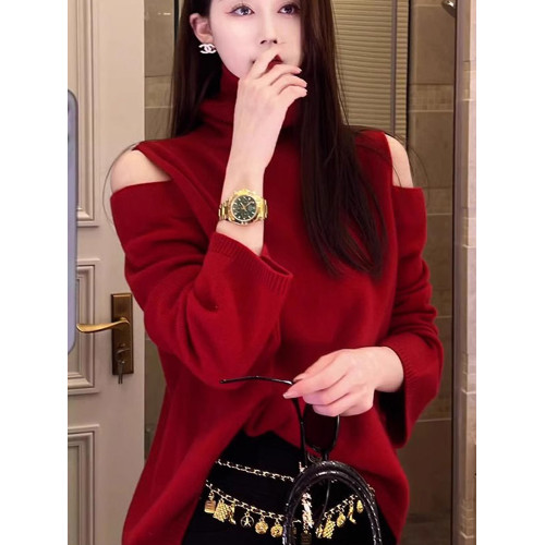 時髦氣質高級感聖誕紅羊絨衫秋冬設計感露肩顯瘦羊毛衫休閒針織衫 時髦氣質高級感聖誕紅羊絨衫秋冬設計感露肩顯瘦羊毛衫休閒針織衫