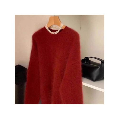新年聖誕紅色水貂絨毛衣女秋冬高級感超好看針織衫歐貨漂亮上衣厚